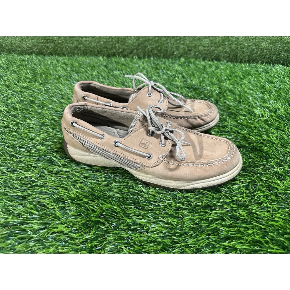 Sperry Womens Boat Shoe Beige Leather Lace Up Comfort Low Top 8M 9774829